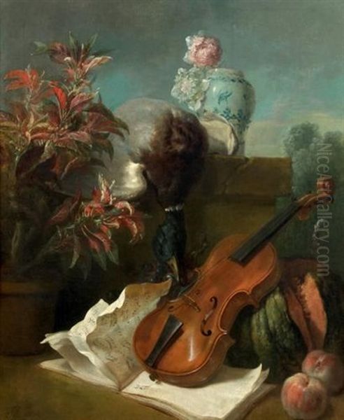 Nature Morte Au Violon, Col Vert, Potiche Bleue Et Fruits Dans Un Paysage Oil Painting by Jean-Baptiste Oudry