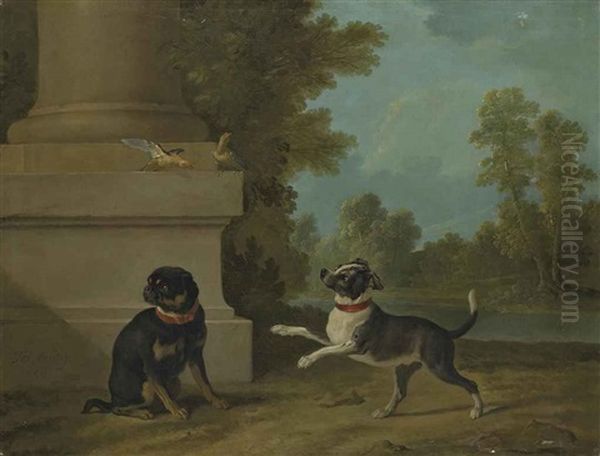 Dogs Playing With Birds In A Park Oil Painting by Jean-Baptiste Oudry