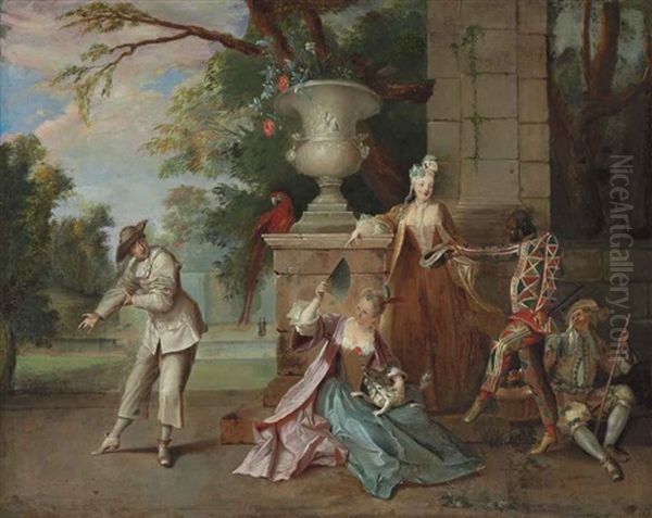 Commedia Dell'arte Figures In A Garden Oil Painting by Jean-Baptiste Oudry