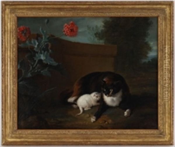 Chatte Et Chaton, Et Chien Et Perroquet (pair) (collab. W/studio) Oil Painting by Jean-Baptiste Oudry