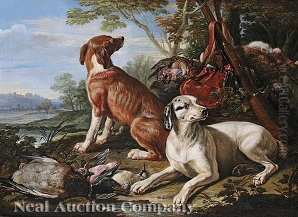 Two Hunting Hounds With Game In A Landscape Oil Painting by Jean-Baptiste Oudry