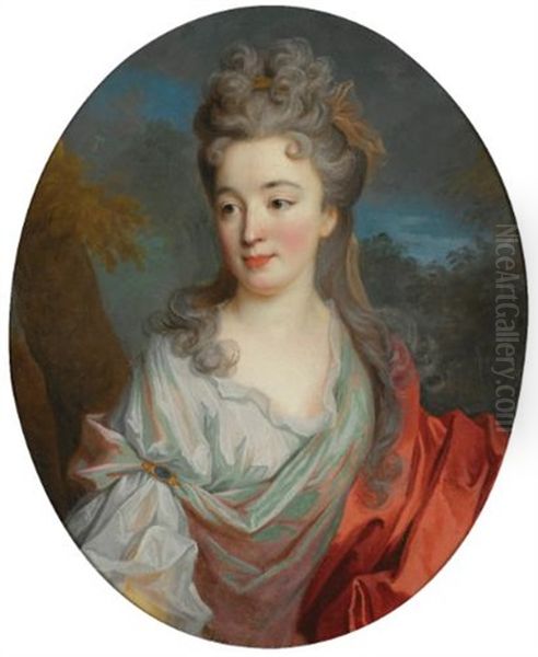 Portrait Of A Lady, Half Length, With A White Shirt And Red Sash, A Landscape Beyond Oil Painting by Jean-Baptiste Oudry