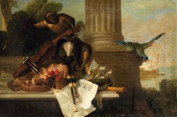 Nature-morte Aux Instruments De Musique Et Au Singe (collab. W/studio) Oil Painting by Jean-Baptiste Oudry