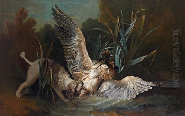 Chien Barbet Attaquant Un Butor by Jean-Baptiste Oudry