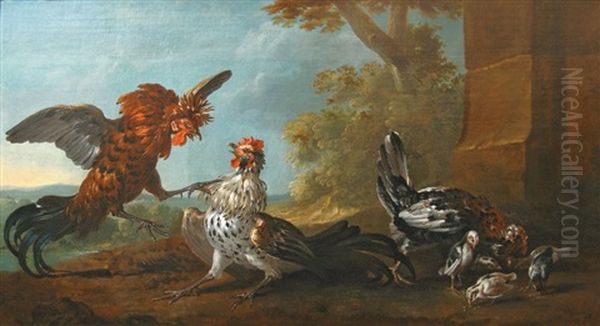 Le Combat De Coqs Dans Une Basse-cour Oil Painting by Jean-Baptiste Oudry