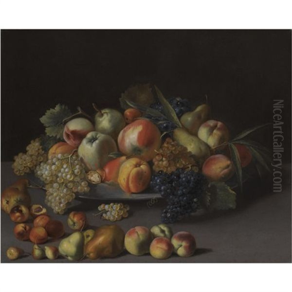 A Still Life With Apples, Peaches, Pears, Grapes And Walnuts On A Plate Over A Table With Other Fruits Oil Painting by Jean-Baptiste Oudry