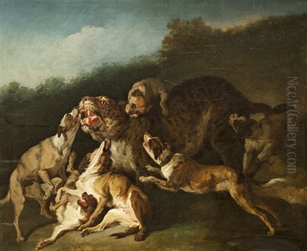 Hundar Anfallande En Leopard Oil Painting by Jean-Baptiste Oudry