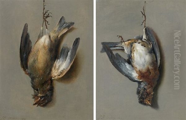 Trompe L'oeil Aux Bouvreuils (pair) Oil Painting by Jean-Baptiste Oudry