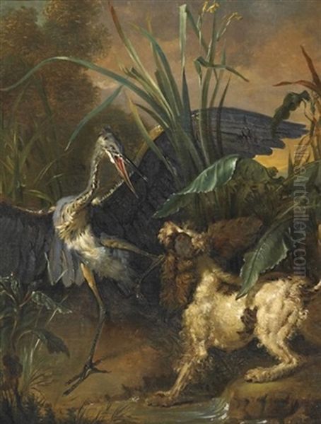 Jagdstuck. Reiher Attackiert Einen Jagdhund Im Schilf Oil Painting by Jean-Baptiste Oudry