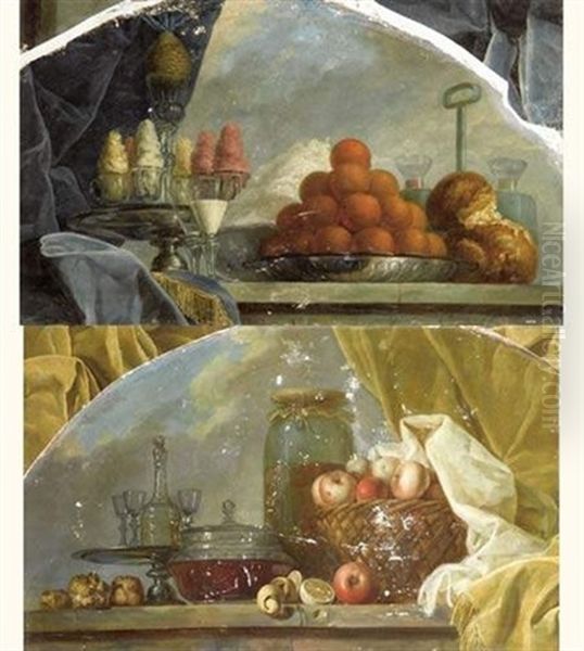 Natures Mortes Aux Verres Et Corbeille De Fruit Sur Un Entablement (pair) Oil Painting by Jean-Baptiste Oudry