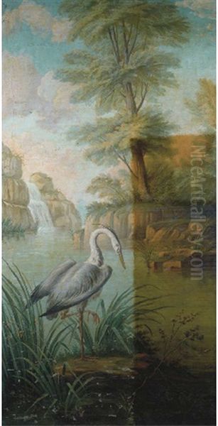 A Heron In A River Landscape Oil Painting by Jean-Baptiste Oudry