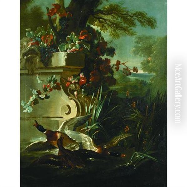 A Romantic Landscape With Ducks By A Fountain Oil Painting by Jean-Baptiste Oudry