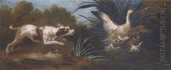 A Riverside Landscape With Ducks Startled By A Spaniel Oil Painting by Jean-Baptiste Oudry