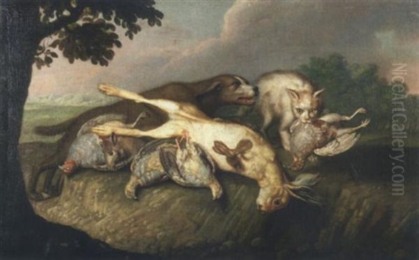 Chien Defendant Des Trophees De Chasse Contre L'attaque D'un Chat Oil Painting by Jean-Baptiste Oudry