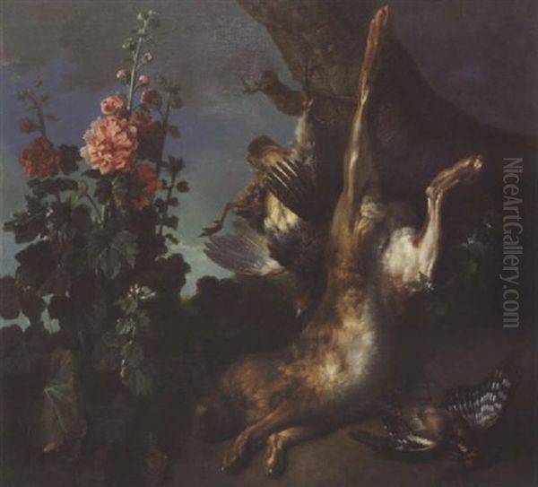 Nature Morte Au Lievre Et Perdreau Gris Attaches A Un Tronc D'arbre A Cote D'une Rose Tremiere Oil Painting by Jean-Baptiste Oudry