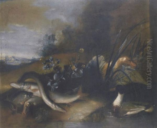 A Perch, A Pike, An Eel And Other Fish On An Embankment With Ducks In A Landscape Oil Painting by Jean-Baptiste Oudry