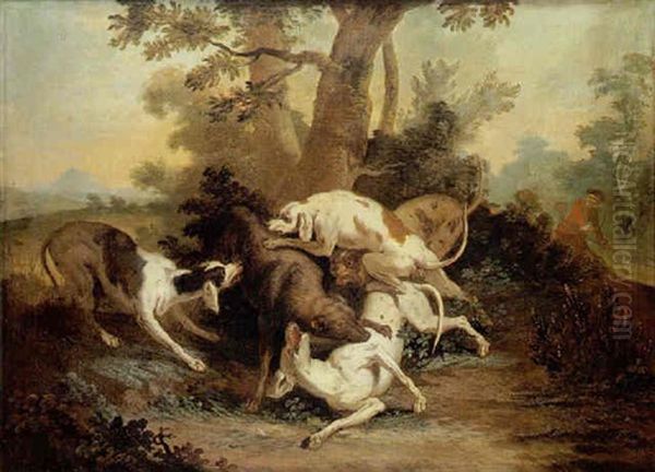 Une Meute De Chiens Attaquant Un Loup Oil Painting by Jean-Baptiste Oudry