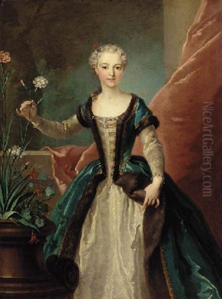 Portrait Of A Young Lady In A White Dress And A Pearl- And Fur-lined Coat, Holding A Carnation In An Urn Oil Painting by Jean-Baptiste Oudry