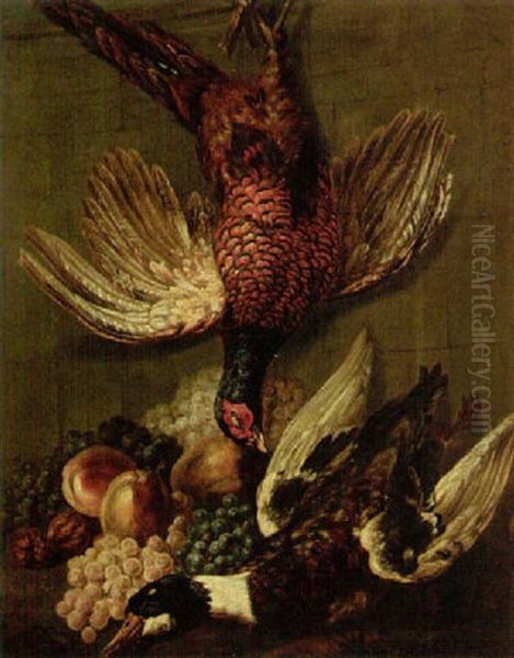 Still Life Of Fruit With A Hung Pheasant And Duck Oil Painting by Jean-Baptiste Oudry