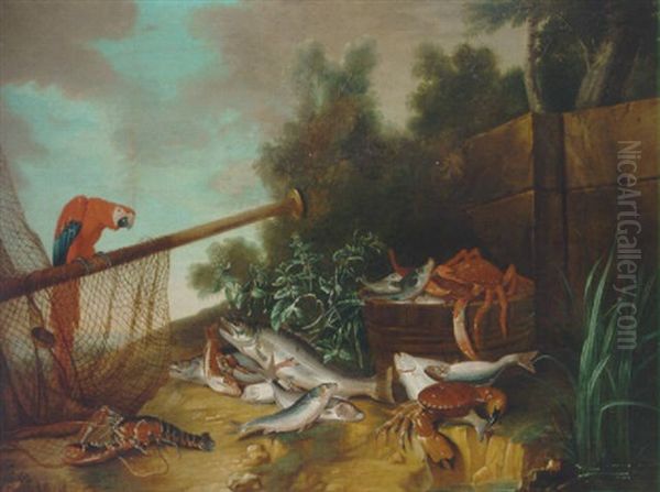 A Barrel With A Spider Crab And Fish, With Other Fish, A Crab And A Lobster On A Bank, With A Macaw Perched On A Spar Draped By A Net Oil Painting by Jean-Baptiste Oudry