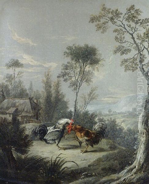 Two Cockerels Fighting In A Landscape Oil Painting by Jean-Baptiste Oudry