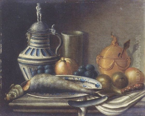 A Herring On A Plate, A Stoneware Jug, Fruit, A Beaker, A Sugar-bowl And A Knife On A Draped Stone Ledge Oil Painting by Jean-Baptiste Oudry