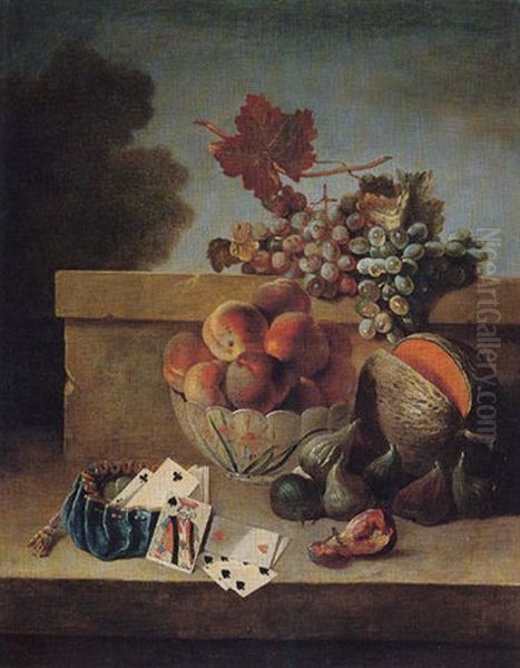 Still Life Of Peaches In A Porcelain Bowl, With Grapes, Figs, A Melon And A Purse With Coins And Playing Cards, All On A Stone Ledge Oil Painting by Jean-Baptiste Oudry