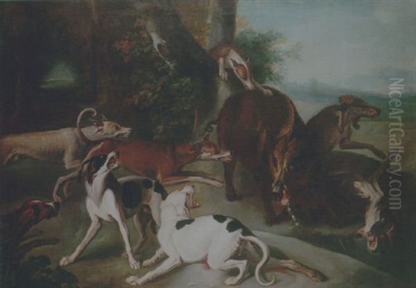 A Wooded Landscape With Hounds Attacking A Wild Boar Oil Painting by Jean-Baptiste Oudry