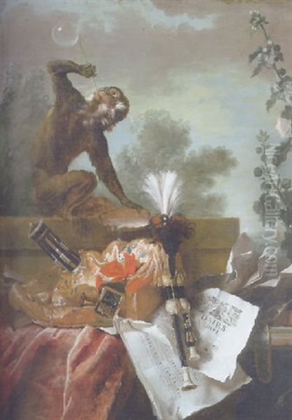 An Allegory Of Air: Musical Still Life With A Monkey Blowing Bubbles, A Musette, A Flute And Musical Scores Oil Painting by Jean-Baptiste Oudry