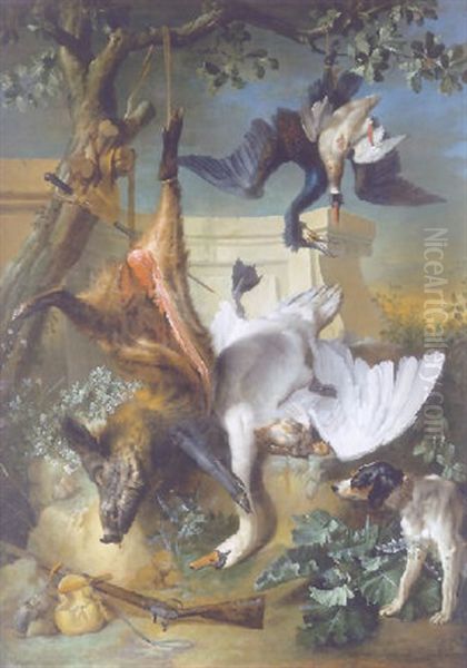 La Retour De Chasse: A Hunting Dog Guarding Dead Game Oil Painting by Jean-Baptiste Oudry