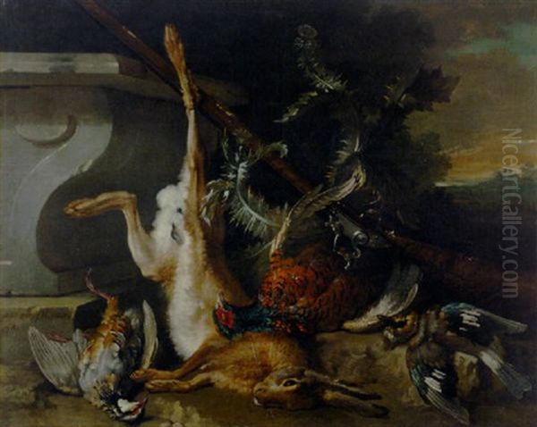 A Dead Hare, A Pheasant, A Young Partridge, A Jay And Other Game By A Plinth, A Landscape Beyond Oil Painting by Jean-Baptiste Oudry