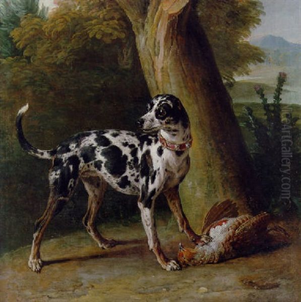 A Hunting Dog With A Dead Partridge In A Landscape Oil Painting by Jean-Baptiste Oudry