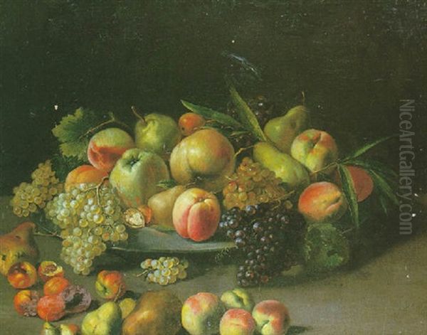 Nature Morte Au Plat De Pommes, Raisins Et Poires Sur Un Entablement Oil Painting by Jean-Baptiste Oudry