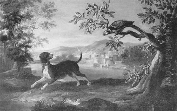 Chien Et Perroquet Dans Un Paysage De Riviere Pres D'un Village Oil Painting by Jean-Baptiste Oudry