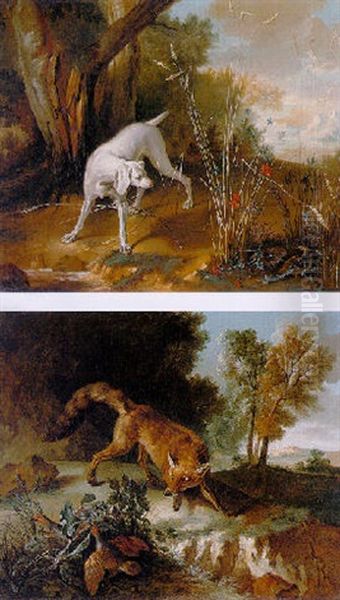 A White Pointer Pointing Two Partridges Oil Painting by Jean-Baptiste Oudry