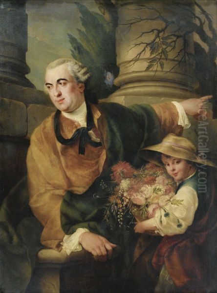 Portrait Of Charles Claude Flahault De La Billarderie, Comte D'angiviller (1730-1810), Three-quarter Length, With A Child Holding A Basket Of Flowers Oil Painting by Louis Gabriel Blanchet