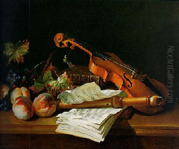 Still Life With A Violin, A Recorder, Books, Sheet Of Music, Peaches And Grapes On A Table Top Oil Painting by Jean-Baptiste Oudry