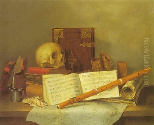 Still Life With A Skull, Books, A Musical Score, A Map, An Inkwell And Quill, Playing Cards And A Flute Arranged Upon A Table by Jean-Baptiste Oudry