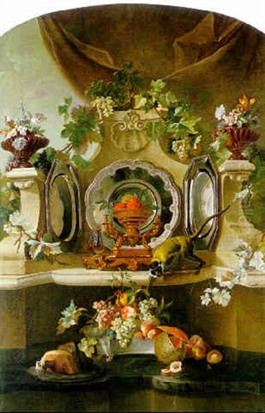 Still Life Of Silver, Fruit, A Ham, Flowers In Pots And A Monkey On A Stone Buffet Oil Painting by Jean-Baptiste Oudry