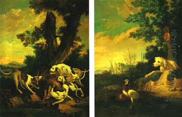 A Landscape With A Pack Of Hounds Attacking A Wolf Oil Painting by Jean-Baptiste Oudry