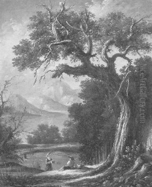 Mountainous River Landscape With Two Figures Oil Painting by Jean-Baptiste Oudry