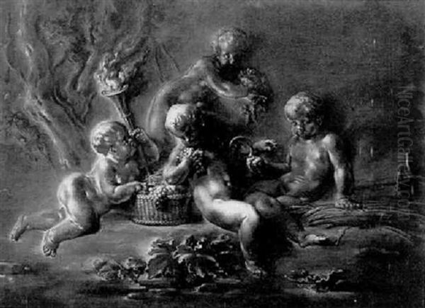 Trompe L'oeil With Putti: An Allegory Of The Four Seasons Oil Painting by Jean-Baptiste Oudry