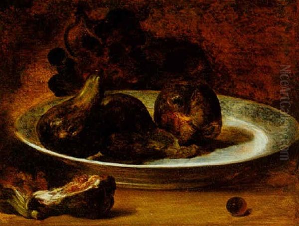 Still Life Of Grapes, And Figs In A Blue And White Porcelain Plate Oil Painting by Jean-Baptiste Oudry