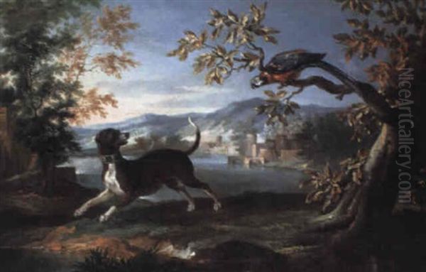 Chien Et Perroquet Dans Un Paysage De Riviere Pres D'un Village Oil Painting by Jean-Baptiste Oudry