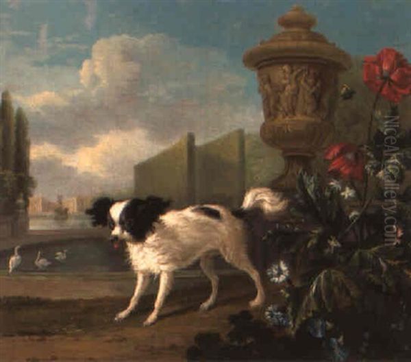 A Black And White Papillon In A Park Next To A Vase Oil Painting by Jean-Baptiste Oudry