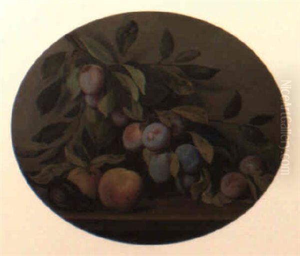 A Sprig Of Plums, A Fig And Peaches On A Wooden Ledge Oil Painting by Jean-Baptiste Oudry