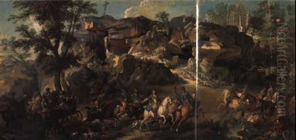 Le Cerf Qui Tient Aux Chiens Sur Les Rochers De Franchard, ... Fontainebleau Oil Painting by Jean-Baptiste Oudry