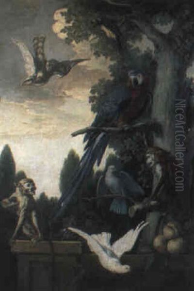 A Macaw, Doves And Monkies In A Classical Landscape Oil Painting by Jean-Baptiste Oudry