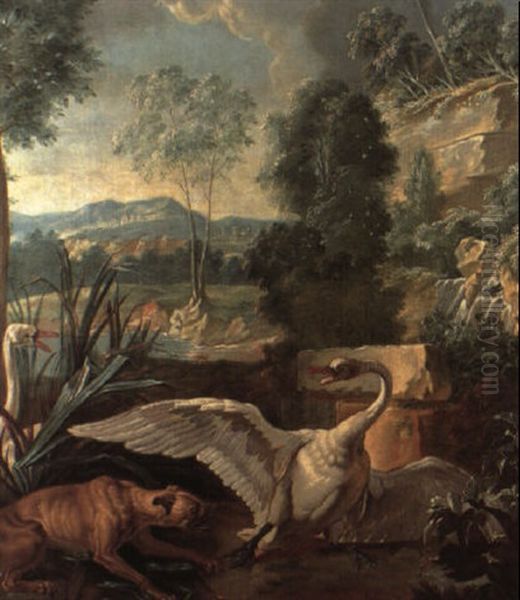 Dog Attacking Swans Oil Painting by Jean-Baptiste Oudry