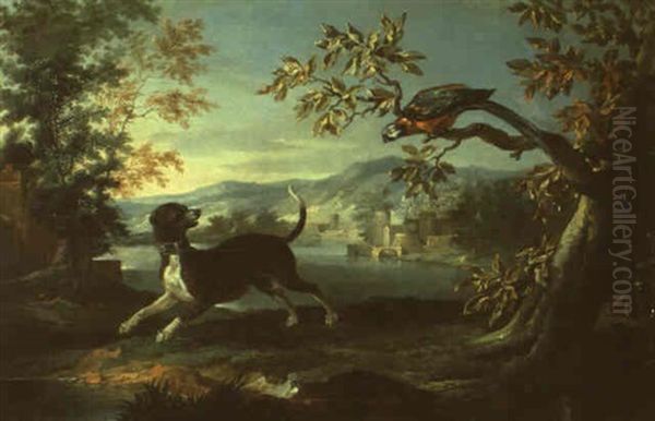 Le Chien Et Le Perroquet Dans Un Paysage De Riviere Pres D'un Village Oil Painting by Jean-Baptiste Oudry